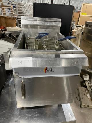 CPG commercial stainless steel natural gas countertop deep fat fryer with basket hanger, fry basket, and backsplash.