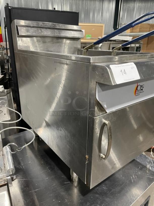 CPG Commercial Stainless Steel Natural Gas Countertop Deep Fat Fryer with backsplash, basket hanger, fry basket, and legs.