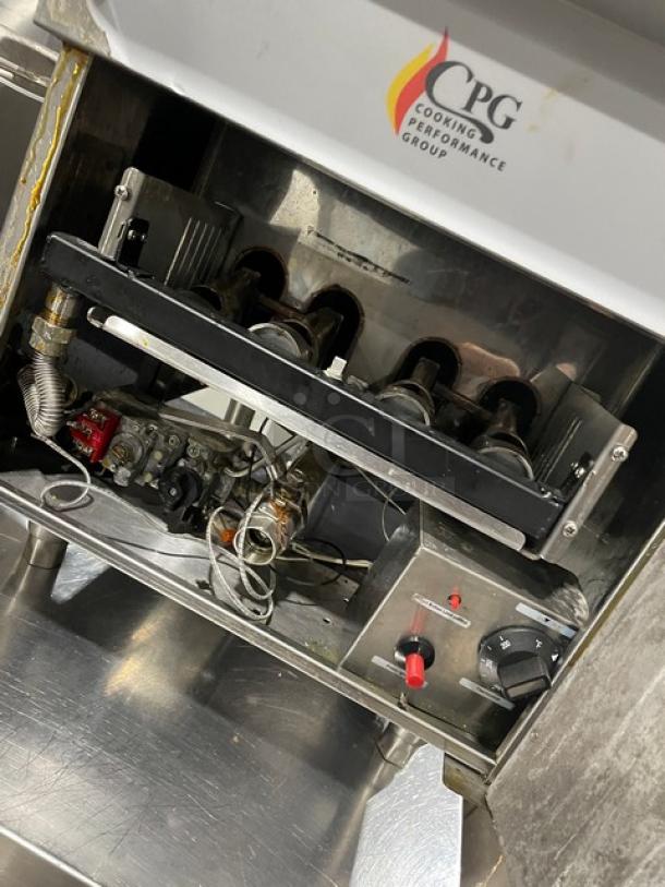 CPG Commercial Stainless Steel Natural Gas Countertop Deep Fryer with back splash, basket hanger, and fry basket. Good condition.