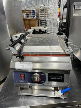 Waring Commercial stainless steel electric pasta cooker, model WPC100, 208/240V, countertop design with control panel and markings.