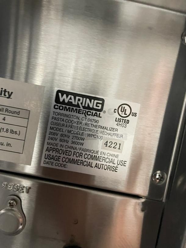 Waring Commercial Stainless Steel Electric Pasta Cooker, Model WPC100, SN: 4221, 208/240V, on legs, UL Listed.
