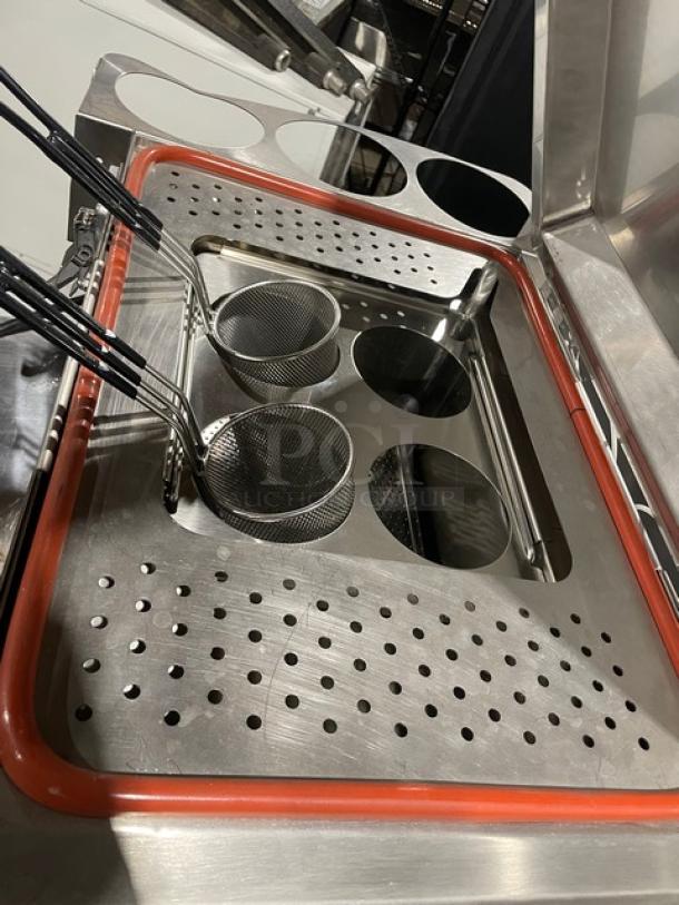 Waring Commercial Stainless Steel Electric Pasta Cooker WPC100, SN: 4221, 208/240V, countertop model on legs, with mesh baskets.