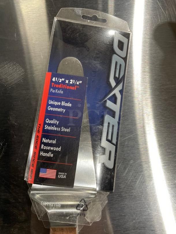Brand new Dexter Russell S244 pie knife in packaging, 4-1/2"x2-1/4" stainless steel blade, natural rosewood handle.