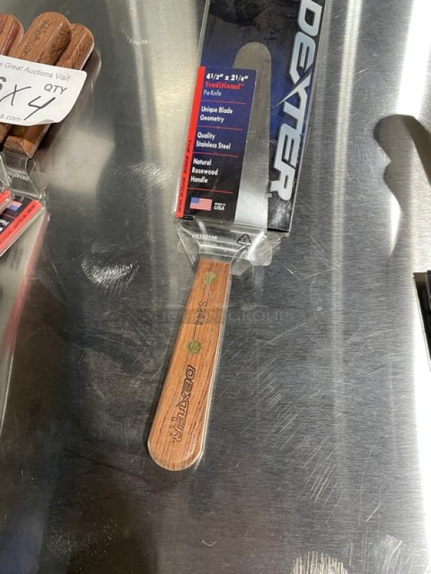 Brand new Dexter Russell S244 pie knife, 4-1/2"x2-1/4", stainless steel blade, natural rosewood handle, in packaging.
