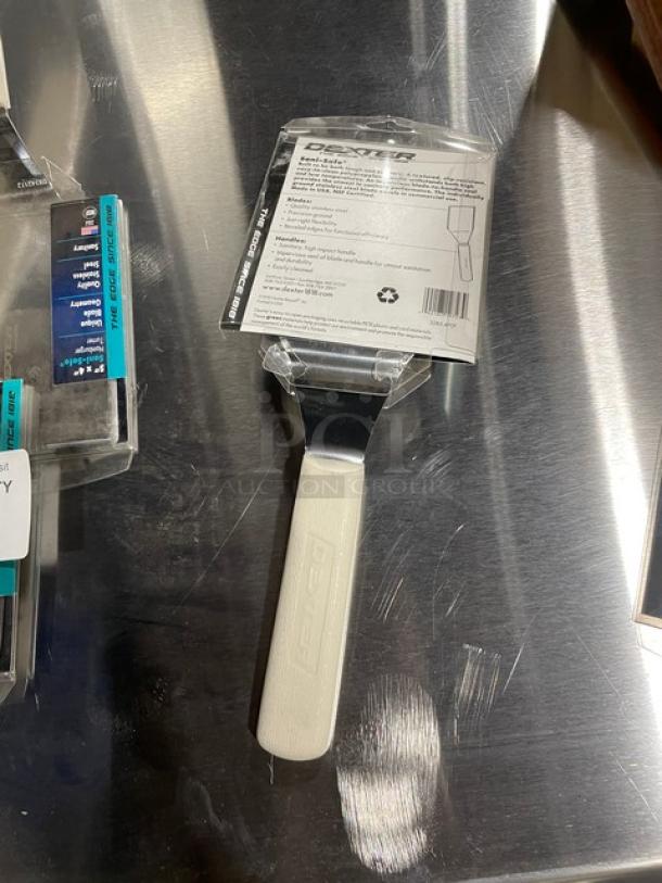 Brand new Dexter Russell Sani-Safe hamburger turner, stainless steel, 5"x4" blade, white grip handle, Model S285-4.