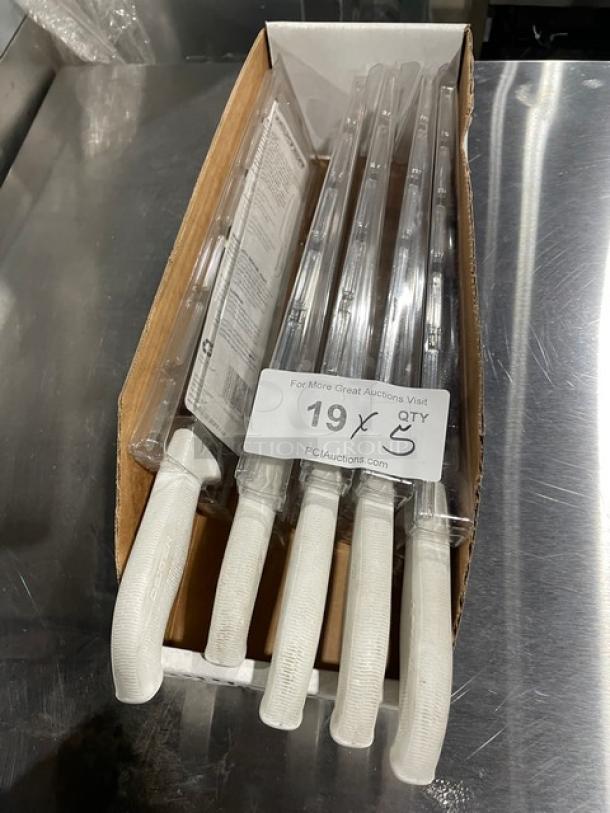 Dexter Russell SofGrip 9" scalloped offset sandwich knives in box, model SG163-9SC, white grip, new condition.