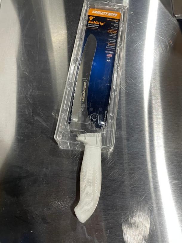 Brand new Dexter Russell 9" SG163-9SC scalloped offset sandwich knife with white SofGrip handle in packaging, model displayed.