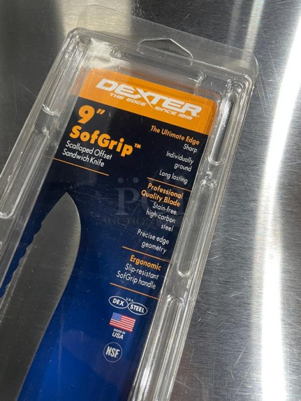 Dexter Russell 9" SofGrip Scalloped Offset Sandwich Knife in package, model SG163-9SC, with white grip handle.