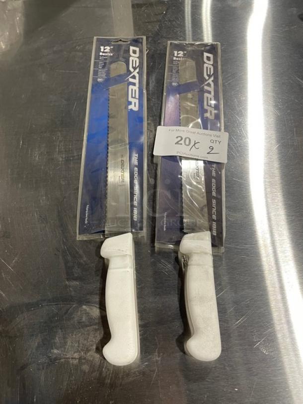 BRAND NEW Dexter Russell Basics 12" scalloped slicer with white grip handle in packaging; commercial grade stainless steel.