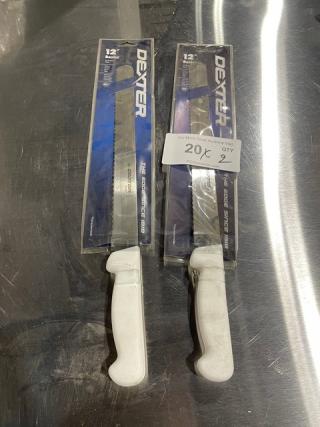 BRAND NEW Dexter Russell Basics 12" scalloped slicer with white grip handle in packaging; commercial grade stainless steel.