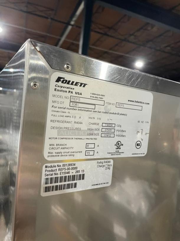 Follett REF Series stainless steel medical undercounter refrigerator, Model REF5. Visible label with model details and serial number.