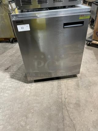 Delfield stainless steel undercounter refrigerator, model 406CADHLDD1, Energy Star certified, with poly coated rack, on casters.