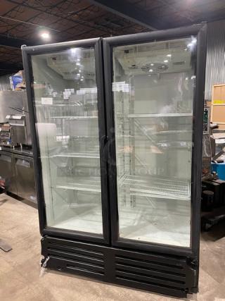 Imbera VRD43 commercial black double glass door merchandiser refrigerator, Energy Star certified, with poly-coated wired rack.
