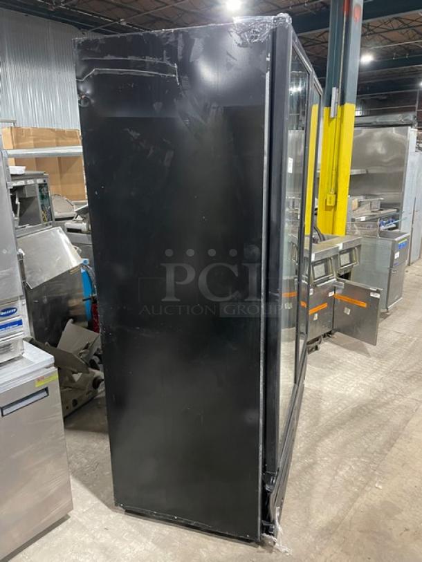 Imbera Commercial Black Double Glass Swing Door Merchandiser Refrigerator, Model VRD43, Energy Star Certified, Poly Coated Rack.