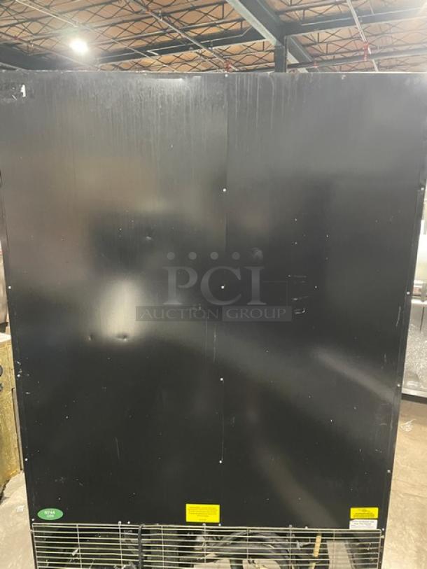 Imbera black double glass swing door merchandiser refrigerator, Energy Star certified, poly-coated wire rack, Model VRD43.