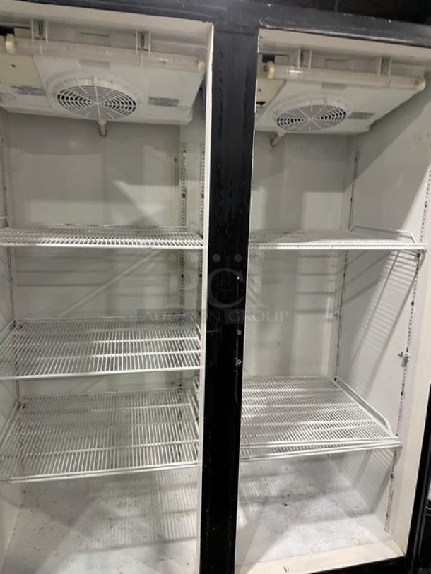 Imbera VRD43 black double glass swing door merchandiser refrigerator with poly coated wired racks, Energy Star certified.