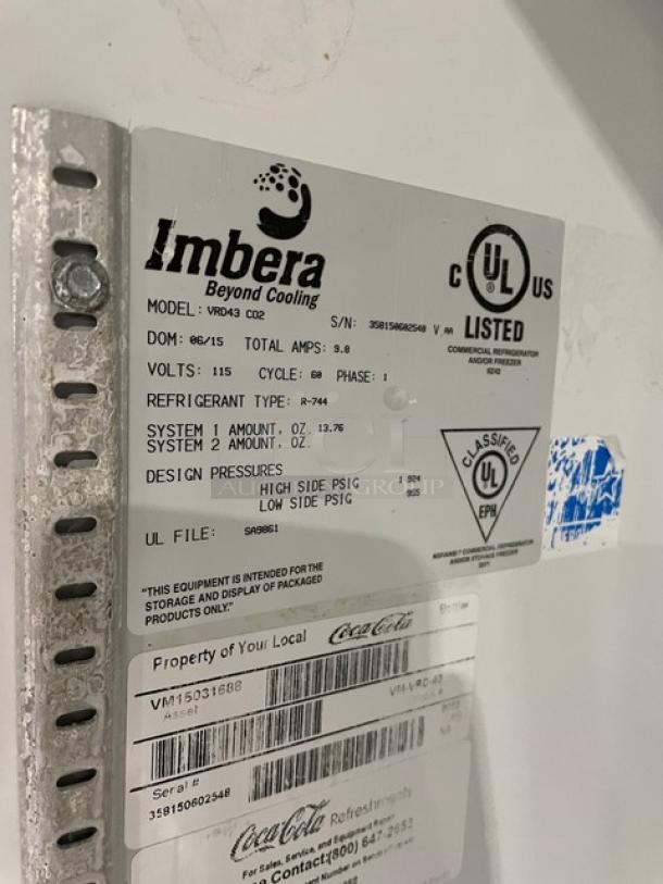 Imbera VRD43 commercial refrigerator label, showing model, serial number, UL listing, and Energy Star certification details.