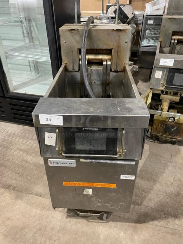 Frymaster FilterQuick commercial fryer, Model 1FQE80U0ZQTZB17, stainless steel, with touchscreen and filtration system, on casters.