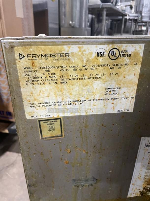 Frymaster FilterQuick Series commercial stainless steel electric fryer, Model 1FQE80U0ZQTZB17, 208V, touch screen, filtration, on casters.