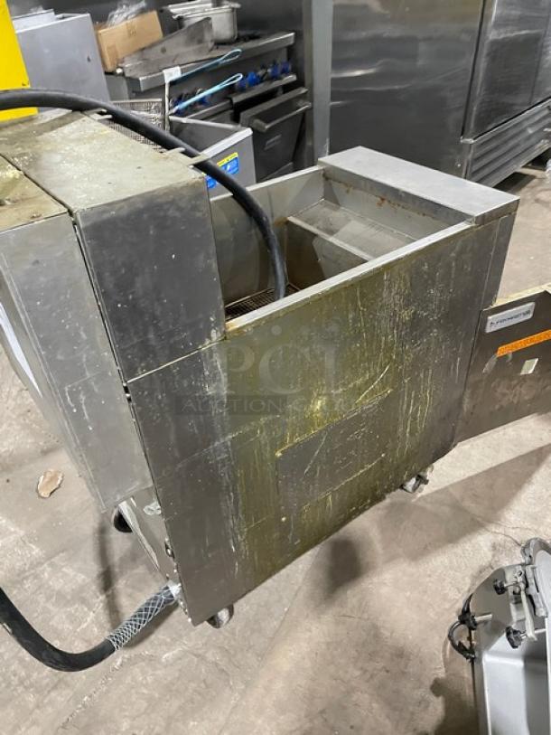 Frymaster FilterQuick Series commercial fryer, model 1FQE80U0ZQTZB17, stainless steel, on casters, featuring touch screen and filtration system, used condition.