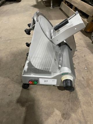 Commercial electric countertop deli meat slicer, model 26MSC001, 110V, on legs, semi-automatic, with control knobs.