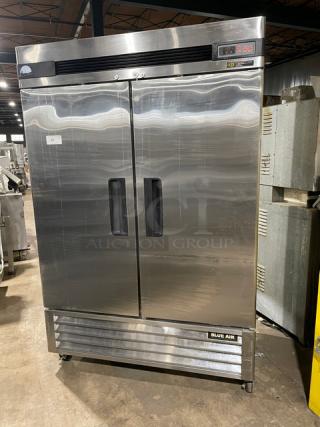 Blue Air BASF2 stainless steel 2-door reach-in freezer, poly-coated rack, 115V, 1 phase, on casters. Model: BASF2.