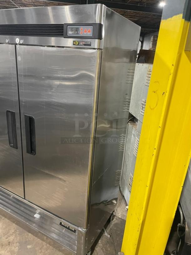 Blue Air BASF2 stainless steel 2-door commercial freezer, with poly coated rack, on casters. Model BASF2 SN: LTF2-NO7-0004.