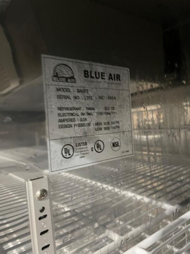 Blue Air BASF2 stainless steel 2-door reach-in freezer with poly-coated wire rack, model BASF2, SN: LTF2-NO7-0004. 115V, on casters.