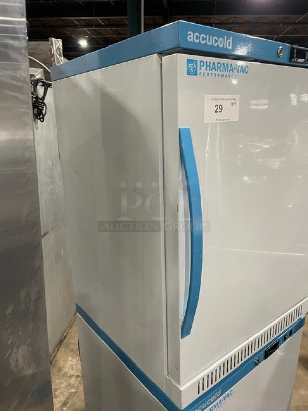 Accucold ARS6PV Pharma-Vac commercial refrigerator, white, single door, medical-grade, poly-coated wire rack, ADA height.