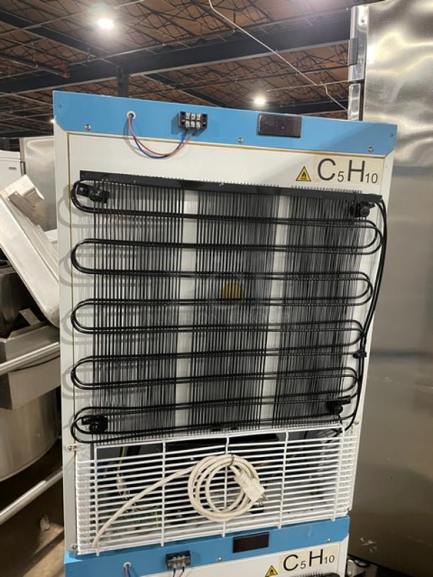 Accucold ARS6PV Pharma-Vac medical-grade refrigerator, freestanding, white, ADA height, visible wiring and condenser coils, poly-coated wired rack.