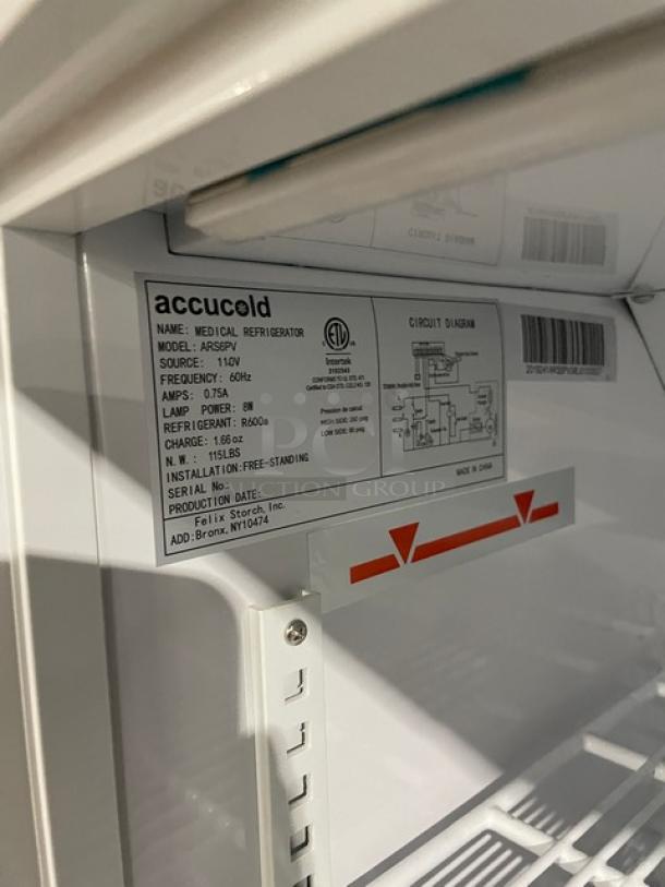 Accucold ARS6PV Medical Refrigerator, white, ADA-height, single door, poly coated wire rack, circuit diagram shown, model label.