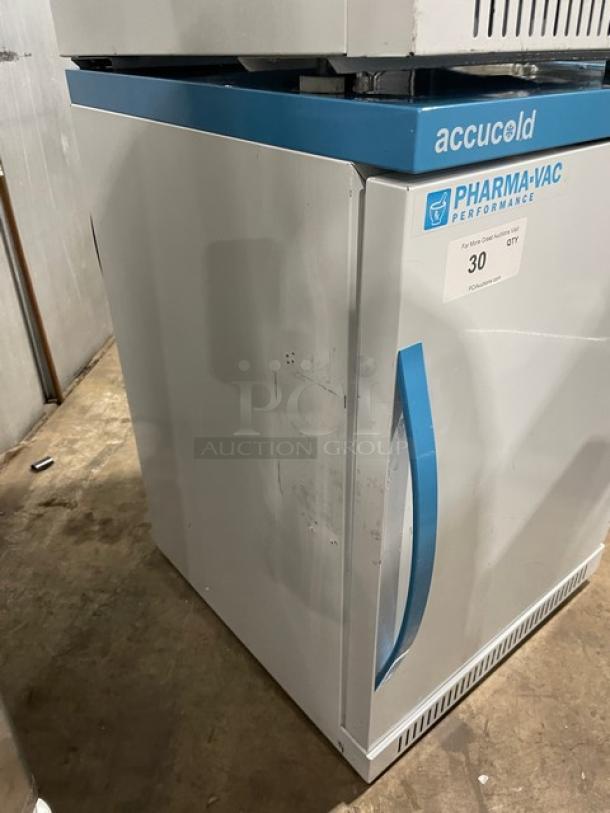 Accucold ARS6PV Pharma-Vac medical-grade refrigerator, ADA height, white, single solid door, with poly-coated wire rack.
