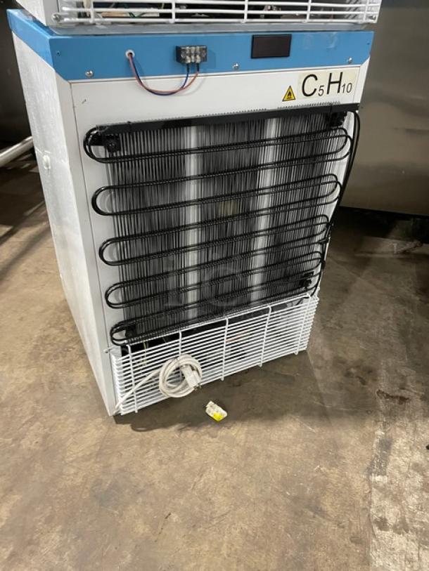 Accucold ARS6PV Pharma-Vac medical-grade refrigerator, single door, white, poly-coated wired rack, ADA height, C5H10 label.