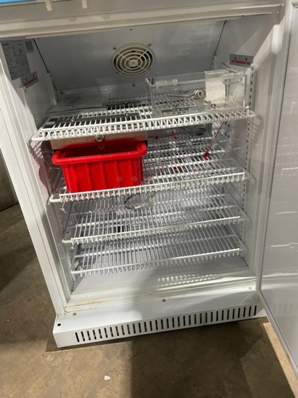 Accucold ARS6PV Pharma-Vac fridge; white, single door, ADA height, medical-grade, poly coated wire racks, new condition.