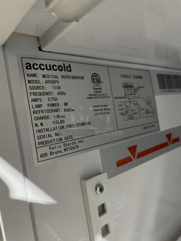 Accucold ARS6PV medical-grade refrigerator; white, ADA height, solid door, 110V, R600a refrigerant, ETL certified.