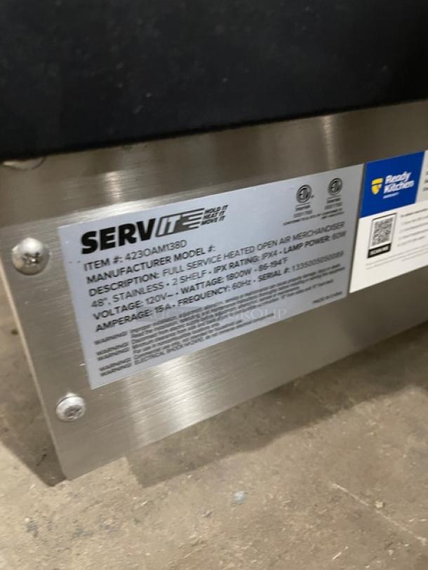 ServIt 423OAM138D label on stainless steel case; 120V heated open-air merchandiser, specs: 48" full service, 2-tier.