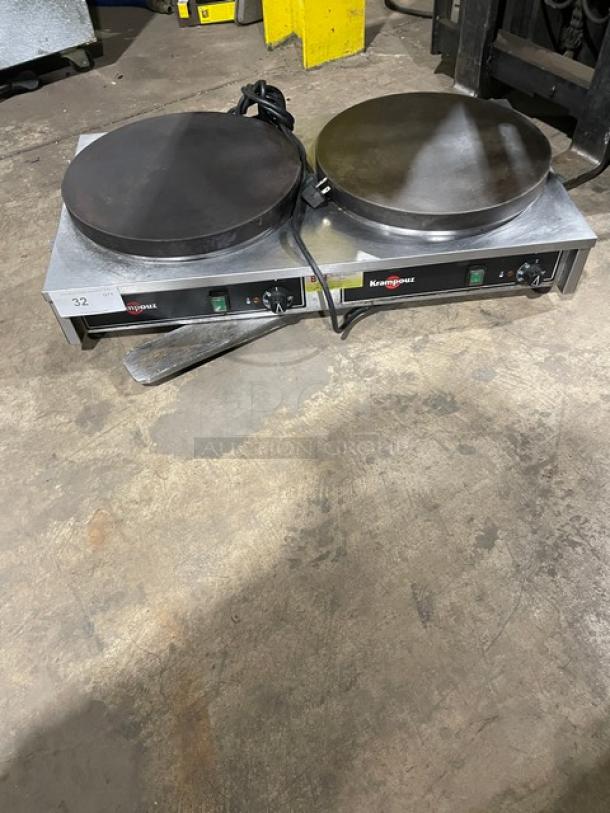 Krampouz commercial dual crepe maker, model CECIJ40AT, stainless steel, electric, 240V 1 phase, with cast iron tops.
