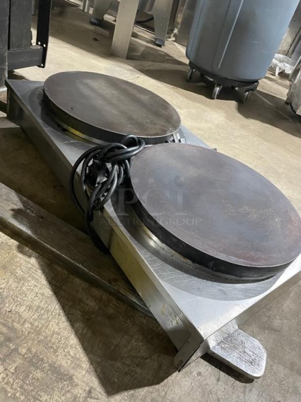 Krampouz dual crepe maker, model CECIJ40AT, stainless steel, cast iron tops, 240V, 1 Phase, on legs, electric powered.