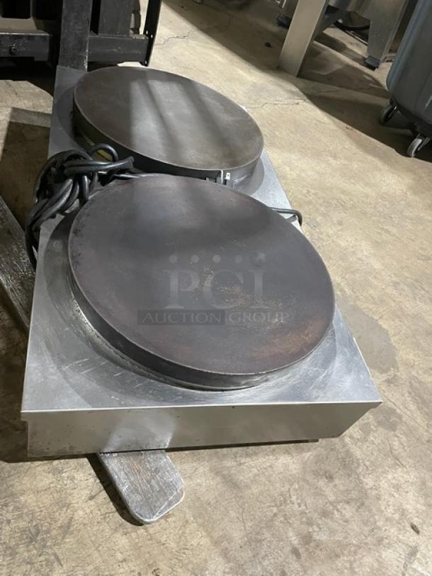 Krampouz commercial electric dual crepe maker, model CECIJ40AT. Stainless steel with cast iron tops, 240V, on legs.