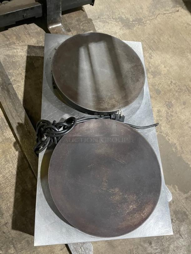 Krampouz CECIJ40AT electric dual crepe maker, stainless steel with cast iron tops, 240V, on legs, used condition.