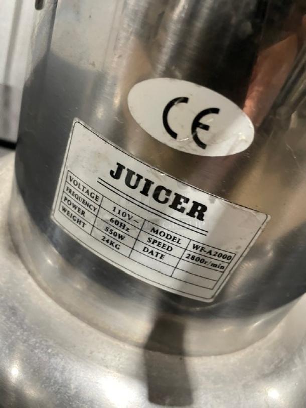 L&J Stainless Steel Electric Juice Extractor, Model WF-A2000, 110V, 550W, 2800 RPM, commercial use, CE certified.