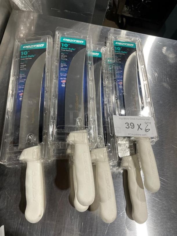 Dexter Russell Sani-Safe Series 10" Cimeter steak knives, model S132-10, in packaging. White grip handles. New condition.