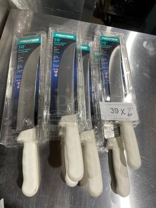Dexter Russell Sani-Safe Series 10" Cimeter steak knives, model S132-10, in packaging. White grip handles. New condition.