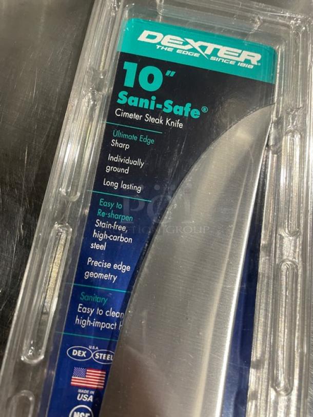 Brand new Dexter Russell Sani-Safe 10" cimeter steak knife, model S132-10, with white grip, in original packaging.