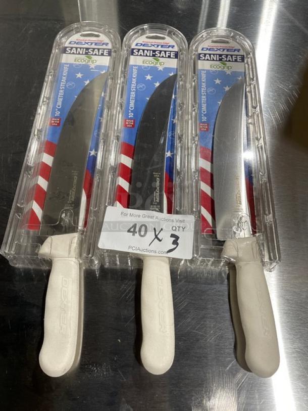 Brand new Dexter Russell Sani-Safe 10" cimeter steak knives with white Ecogrip handles, model S132-10, in packaging.