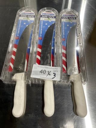 Brand new Dexter Russell Sani-Safe 10" cimeter steak knives with white Ecogrip handles, model S132-10, in packaging.