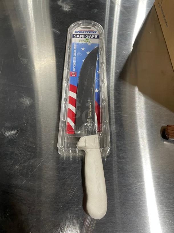 Brand new Dexter Russell Sani-Safe 10" cimeter steak knife, model S13210, with white Ecogrip handle, in original packaging.