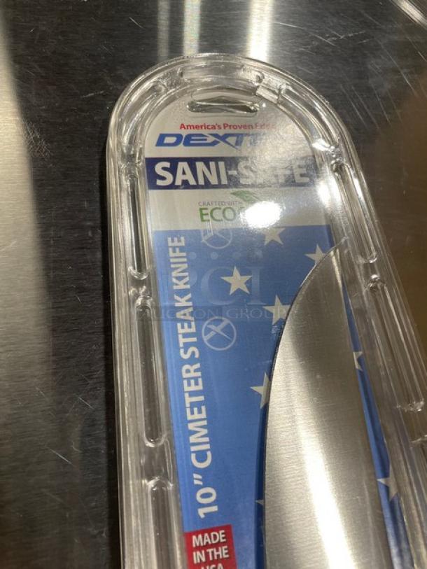 Brand new Dexter Russell Sani-Safe 10" cimeter steak knife, model S132-10, in packaging. White EcoGrip handle.
