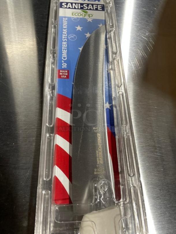 Brand new Dexter Russell Sani-Safe 10" cimeter steak knife, stainless steel, with white Ecogrip handle, model S132-10.