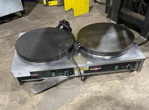 Krampouz commercial dual crepe maker, model CECIJ40AT, stainless steel, electric, 240V 1 phase, with cast iron tops.